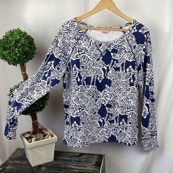 Lilly Pulitzer Blue & White Zebra Print Long Sleeve Sweatshirt Tee T Shirt Top L - Picture 1 of 3